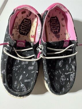 Hey Dude Black Canvas Kids Shoes with Pink Trim and Unicorn Print